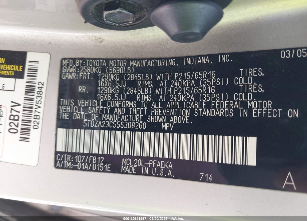 2005 TOYOTA SIENNA LE VIN: 5TDZA23C55S308260