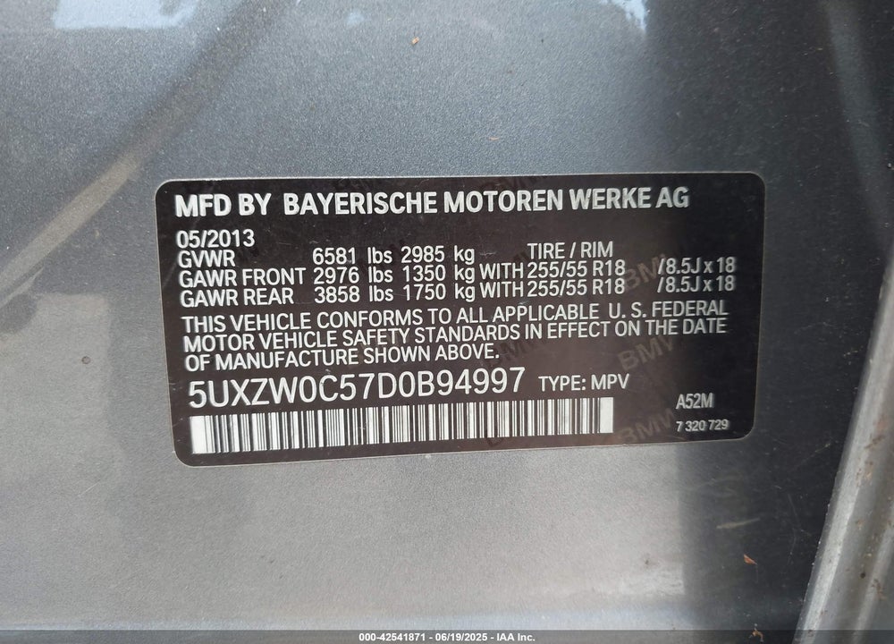 2013 BMW X5 VIN: 5UXZW0C57D0B94997