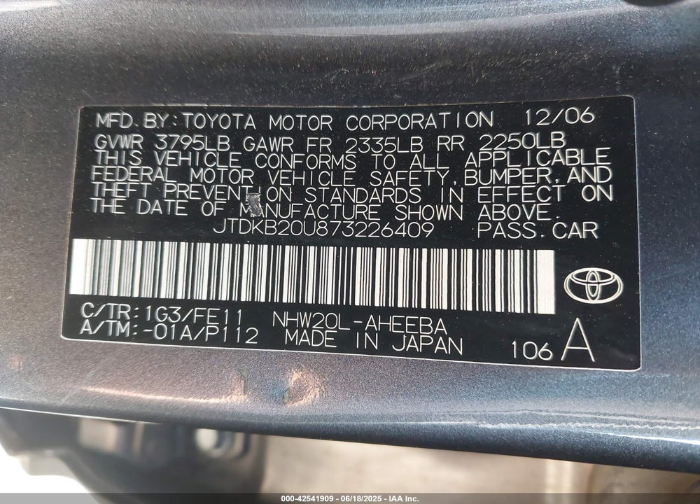 2007 TOYOTA PRIUS VIN: JTDKB20U873226409