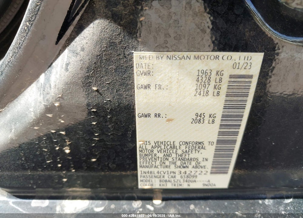 2023 NISSAN ALTIMA VIN: 1N4BL4CV1PN342722