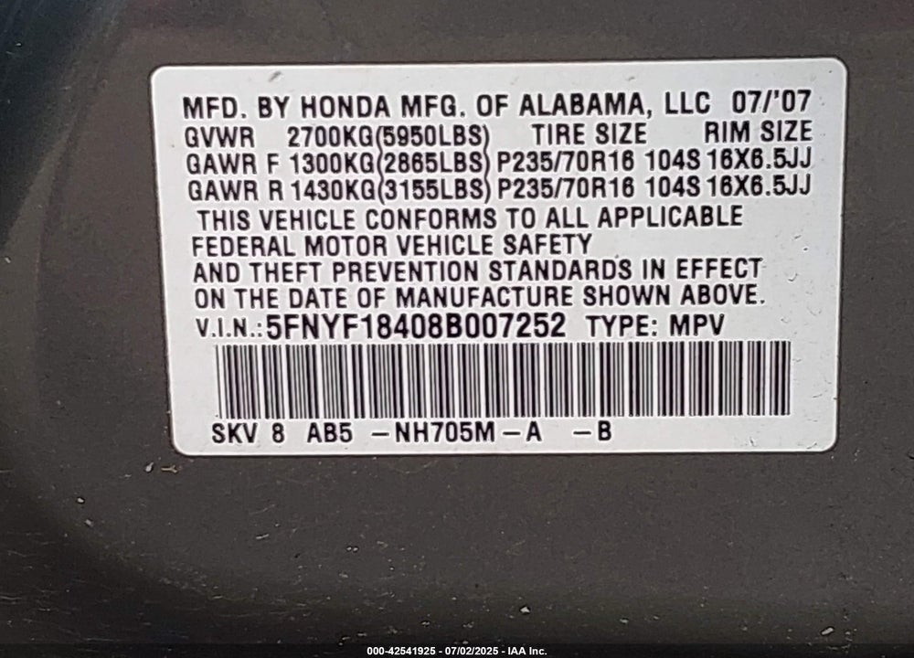 2008 HONDA PILOT EX VIN: 5FNYF18408B007252