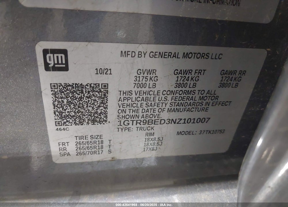 2022 GMC SIERRA 1500 LIMITED 4WD DOUBLE CAB STANDARD BOX SLE VIN: 1GTR9BED3NZ101007