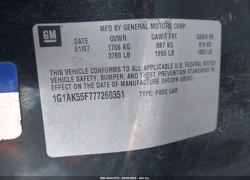 2007 CHEVROLET COBALT VIN: 1G1AK55F777260351