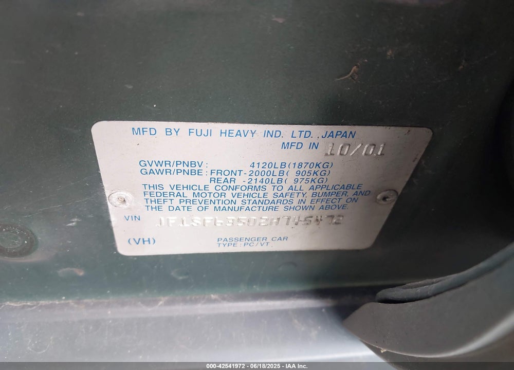 2002 SUBARU FORESTER L VIN: JF1SF63502H745472