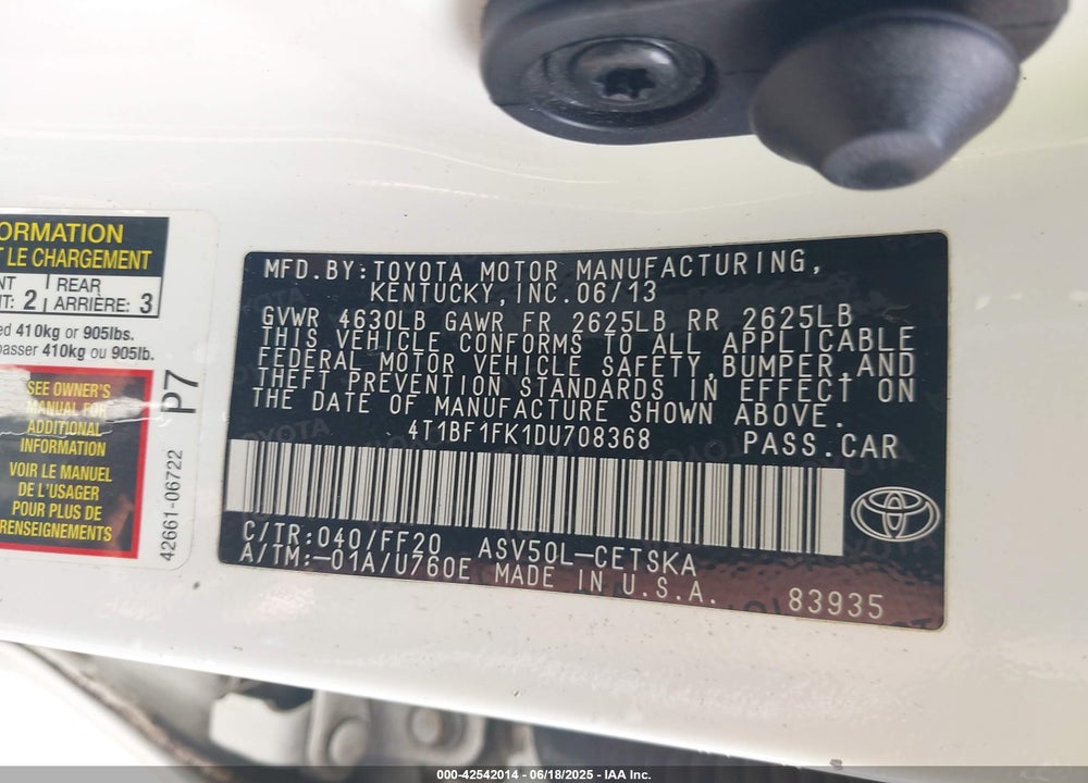 2013 TOYOTA CAMRY SE VIN: 4T1BF1FK1DU708368