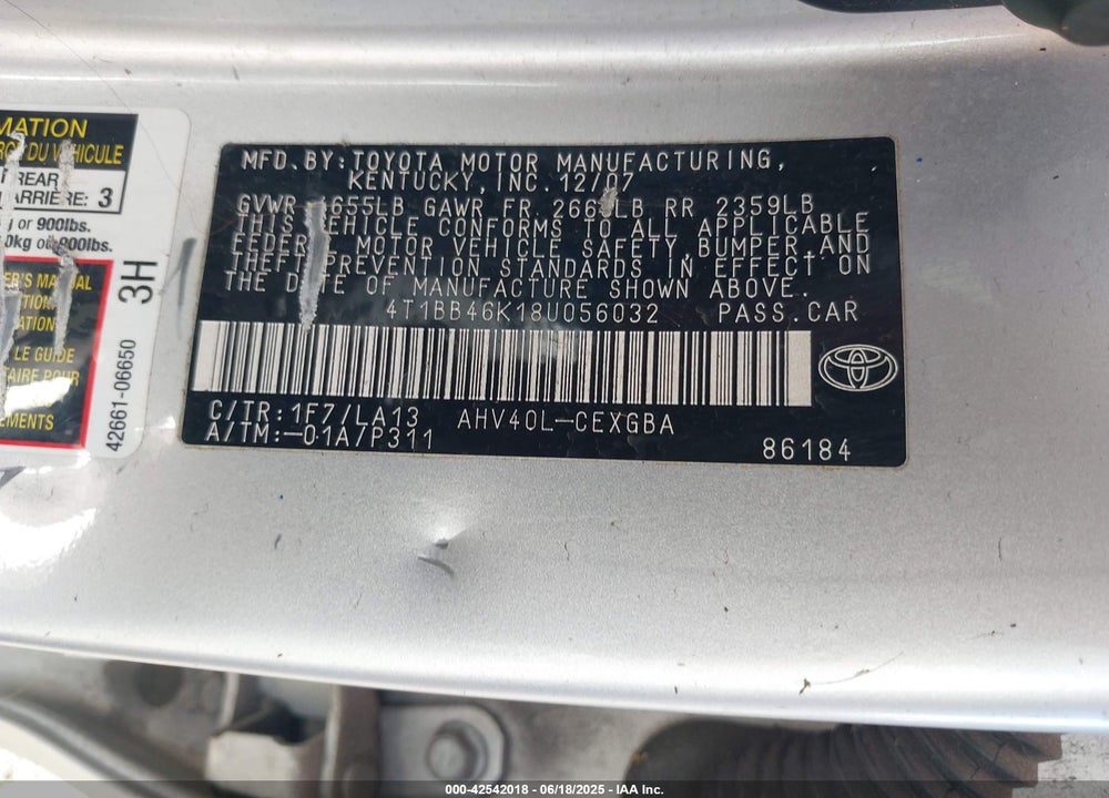 2008 TOYOTA CAMRY HYBRID VIN: 4T1BB46K18U056032