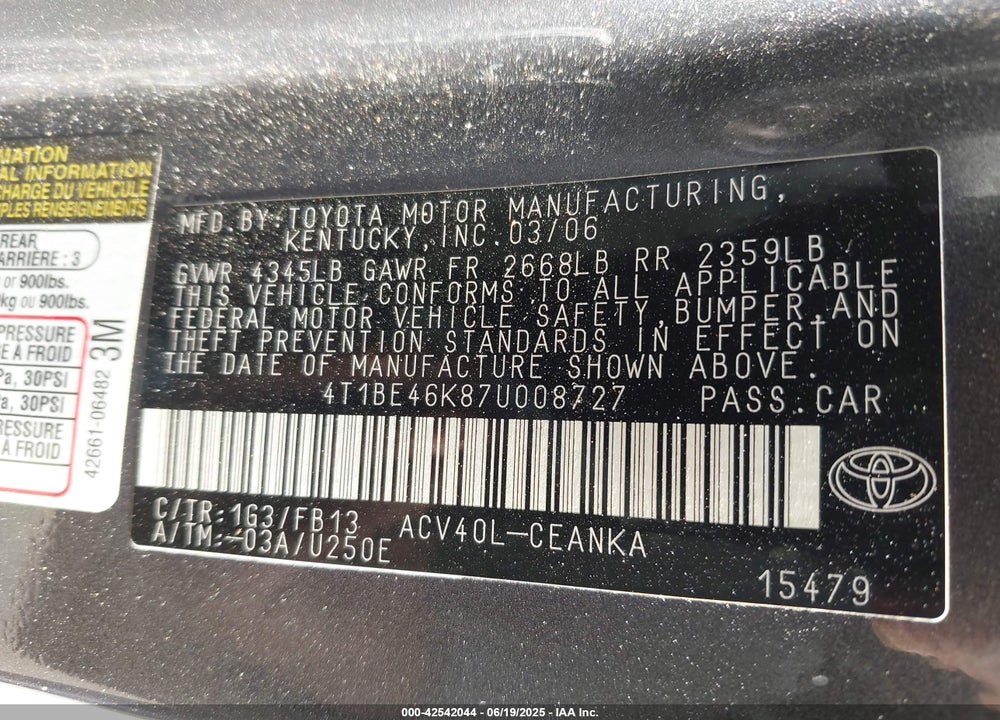 2007 TOYOTA CAMRY LE VIN: 4T1BE46K87U008727