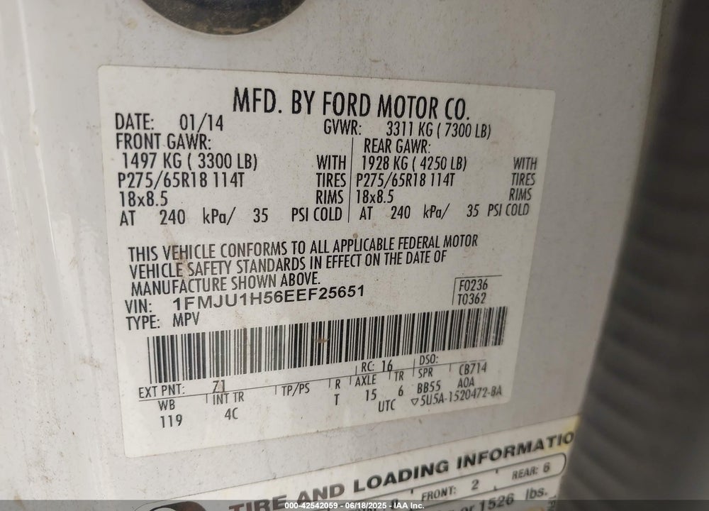 2014 FORD EXPEDITION VIN: 1FMJU1H56EEF25651