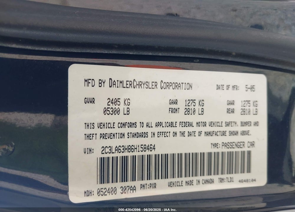 2006 CHRYSLER 300C VIN: 2C3LA63H86H158464