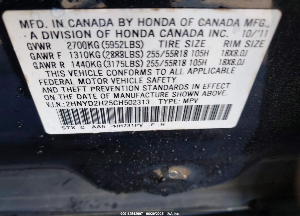 2012 ACURA MDX VIN: 2HNYD2H25CH502313