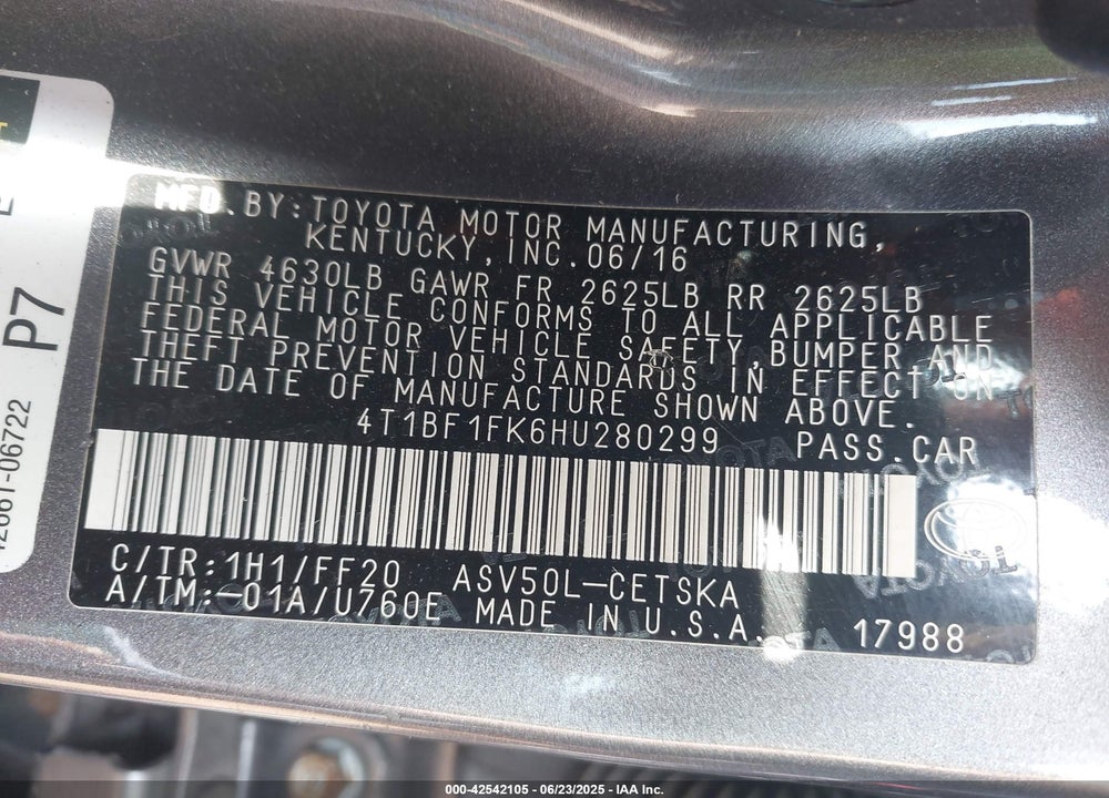 2017 TOYOTA CAMRY SE VIN: 4T1BF1FK6HU280299