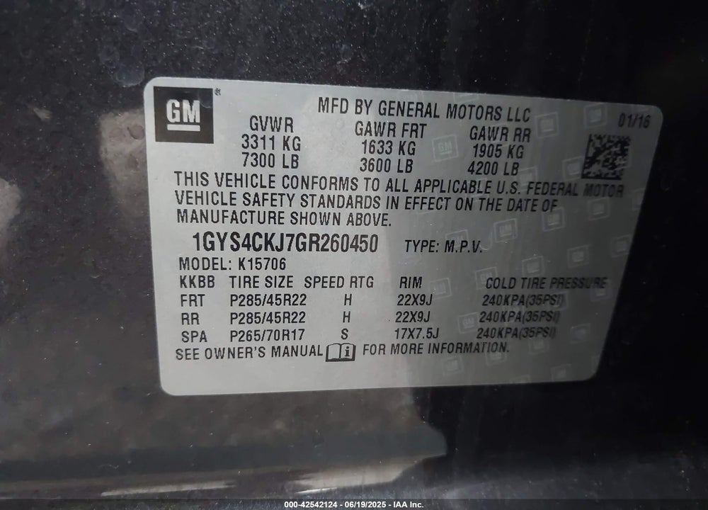 2016 CADILLAC ESCALADE VIN: 1GYS4CKJ7GR260450