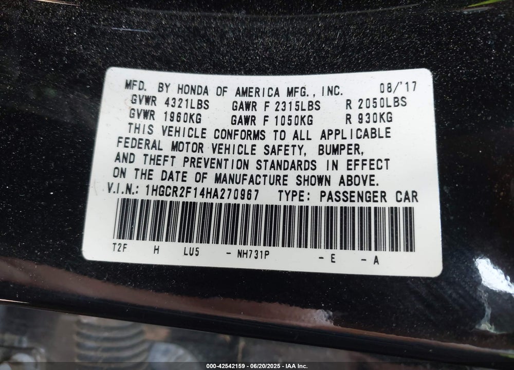 2017 HONDA ACCORD VIN: 1HGCR2F14HA270967