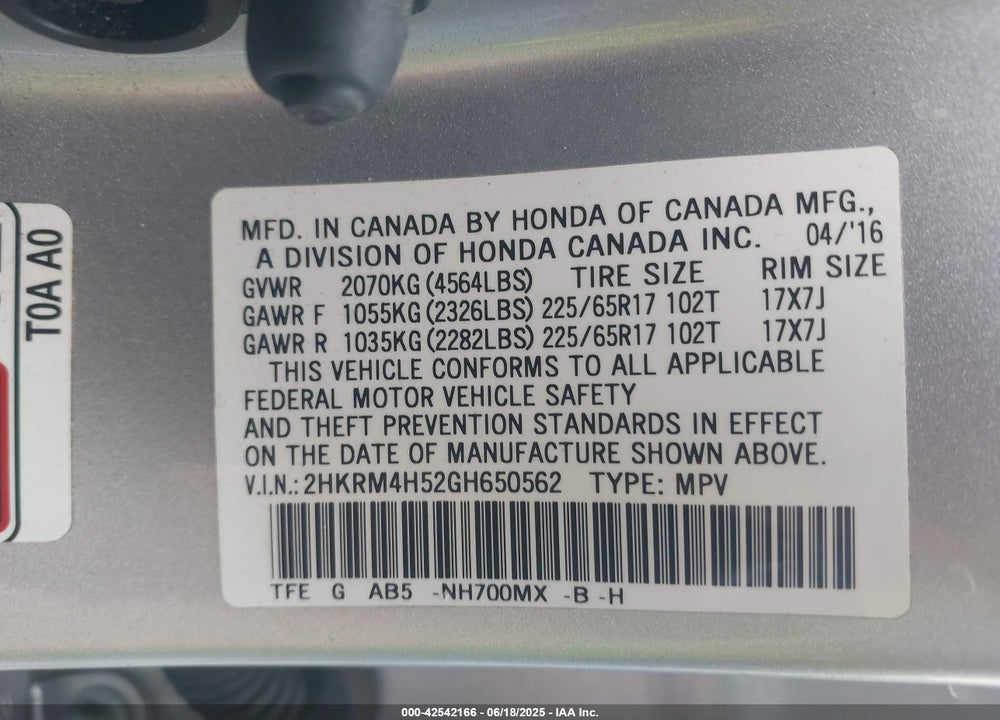 2016 HONDA CR-V VIN: 2HKRM4H52GH650562