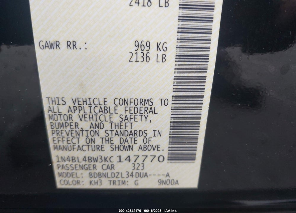 2019 NISSAN ALTIMA VIN: 1N4BL4BW3KC147770