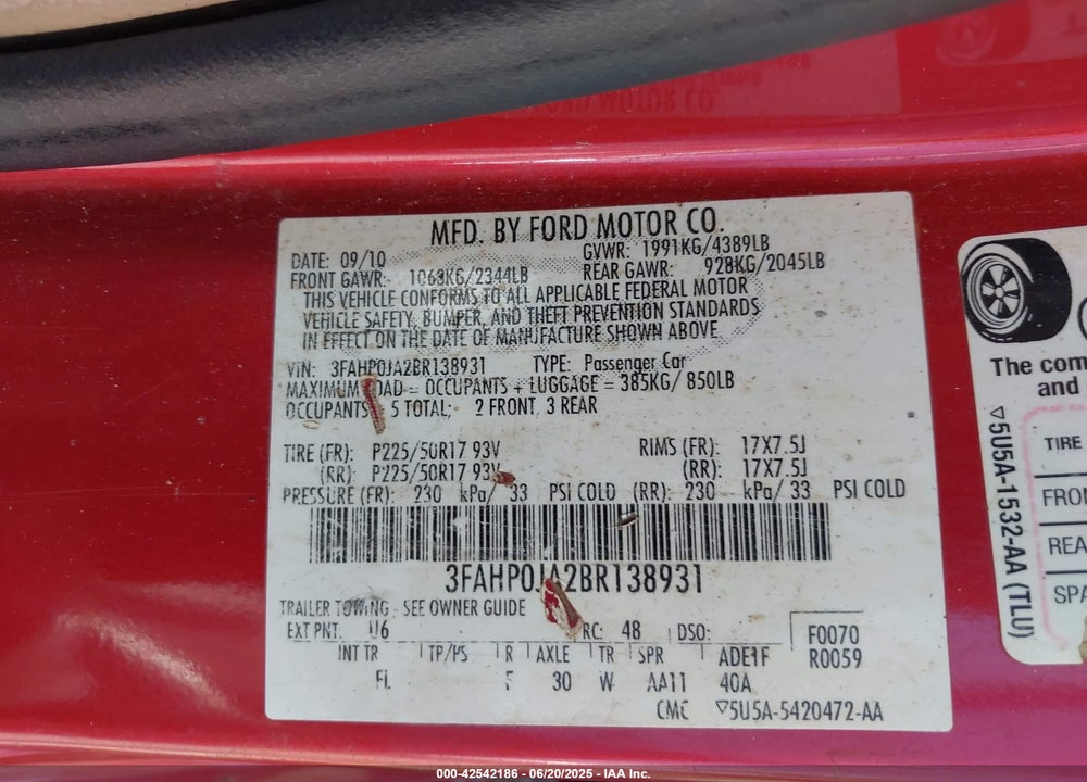 2011 FORD FUSION SEL VIN: 3FAHP0JA2BR138931