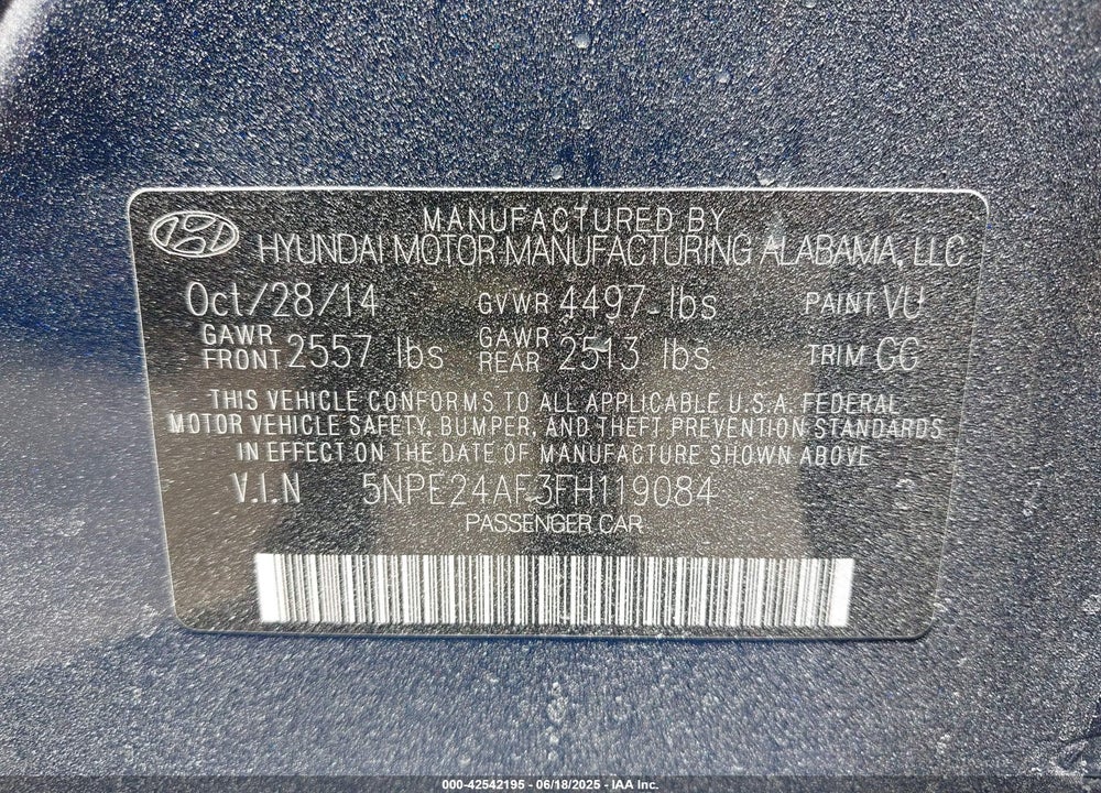 2015 HYUNDAI SONATA VIN: 5NPE24AF3FH119084