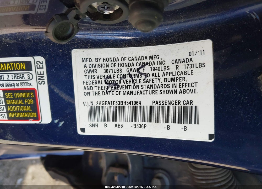 2011 HONDA CIVIC VIN: 2HGFA1F53BH541964