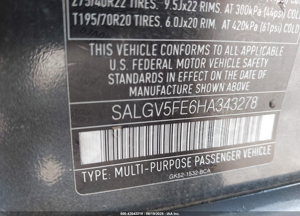 2017 LAND ROVER RANGE ROVER VIN: SALGV5FE6HA343278