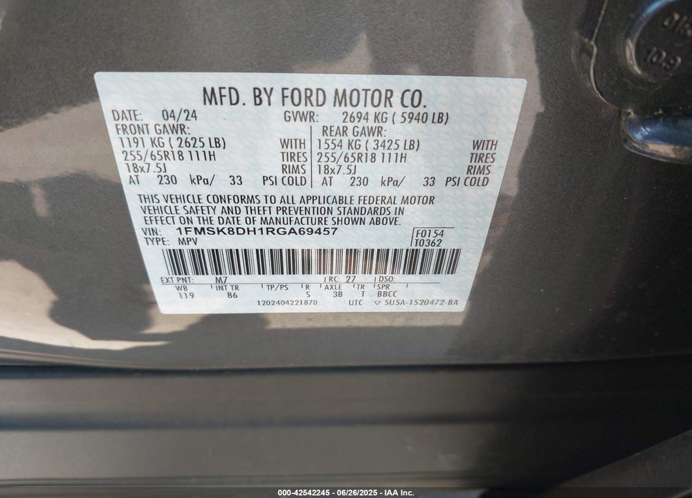 2024 FORD EXPLORER VIN: 1FMSK8DH1RGA69457