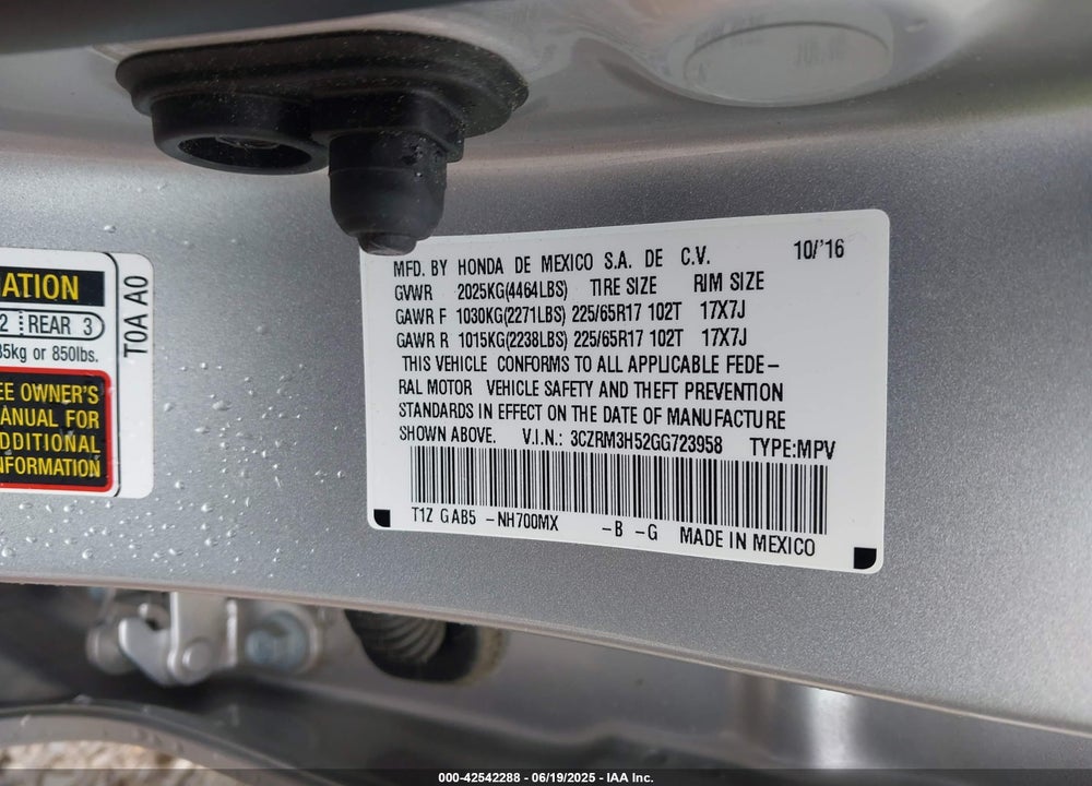 2016 HONDA CR-V VIN: 3CZRM3H52GG723958