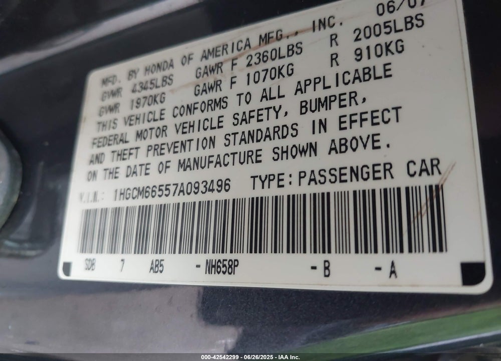 2007 HONDA ACCORD VIN: 1HGCM66557A093496