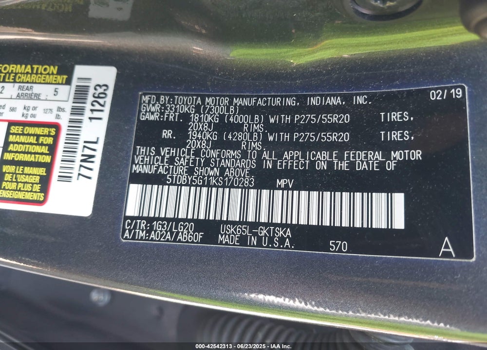 2019 TOYOTA SEQUOIA VIN: 5TDBY5G11KS170283