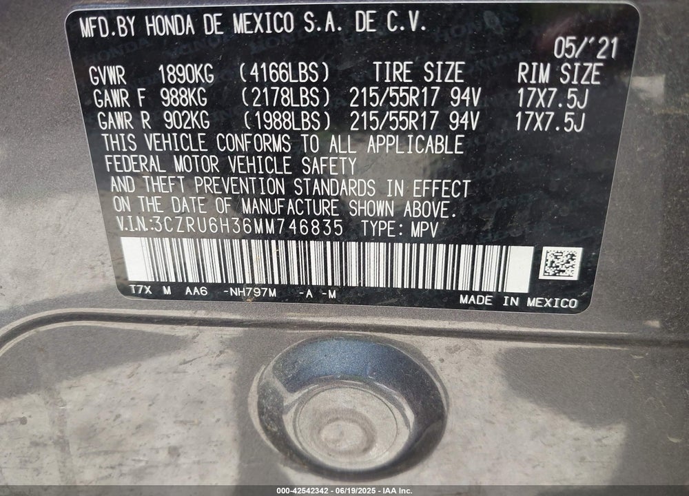 2021 HONDA HR-V VIN: 3CZRU6H36MM746835