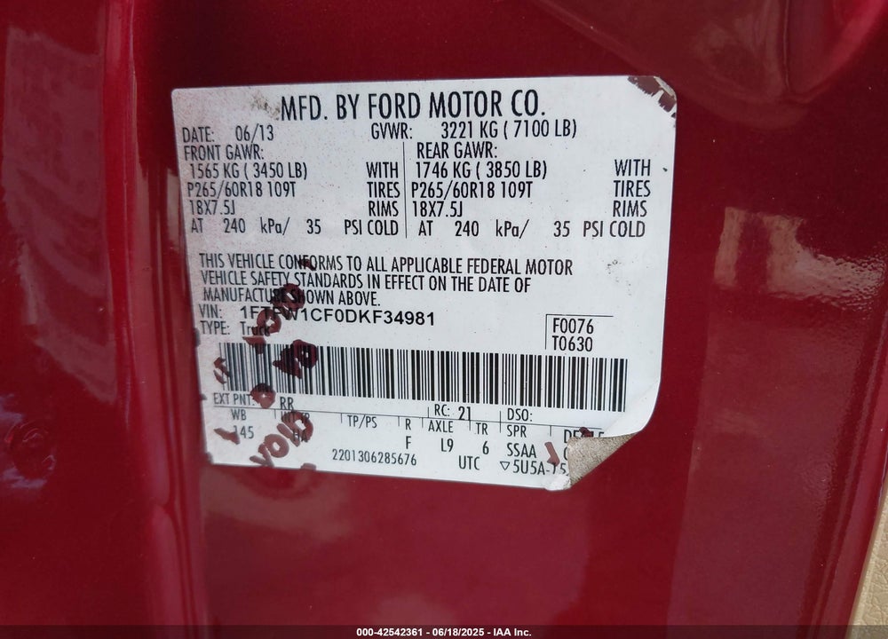 2013 FORD F-150 VIN: 1FTFW1CF0DKF34981