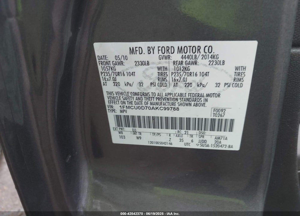 2010 FORD ESCAPE VIN: 1FMCU0D70AKC99788