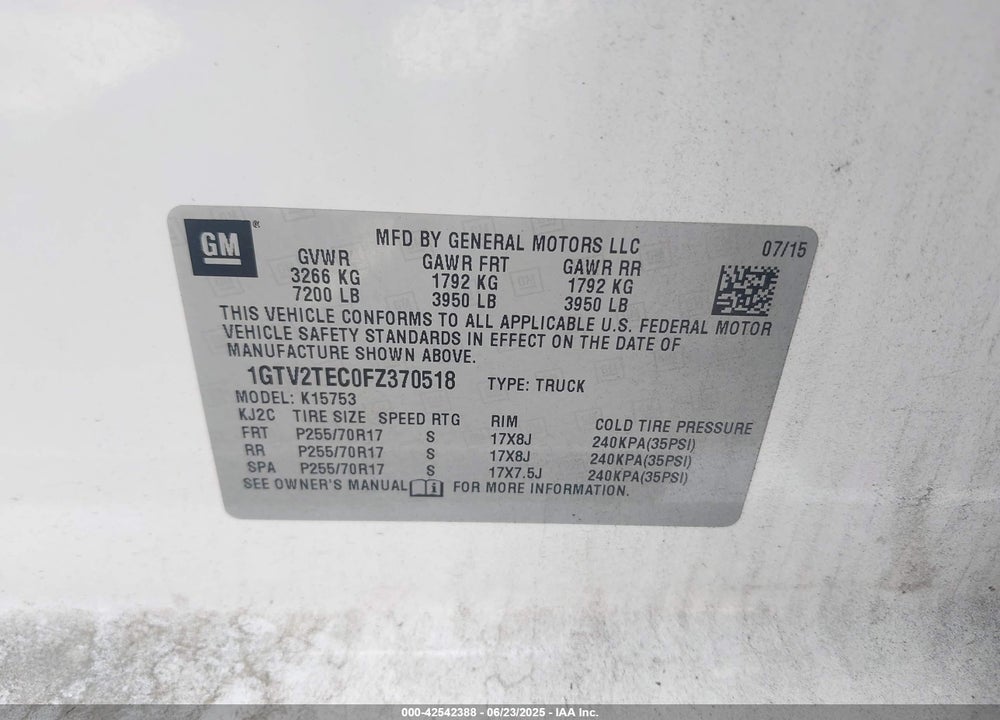 2015 GMC SIERRA 1500 VIN: 1GTV2TEC0FZ370518
