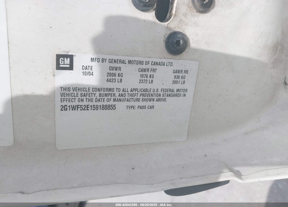 2005 CHEVROLET IMPALA VIN: 2G1WF52E159188855