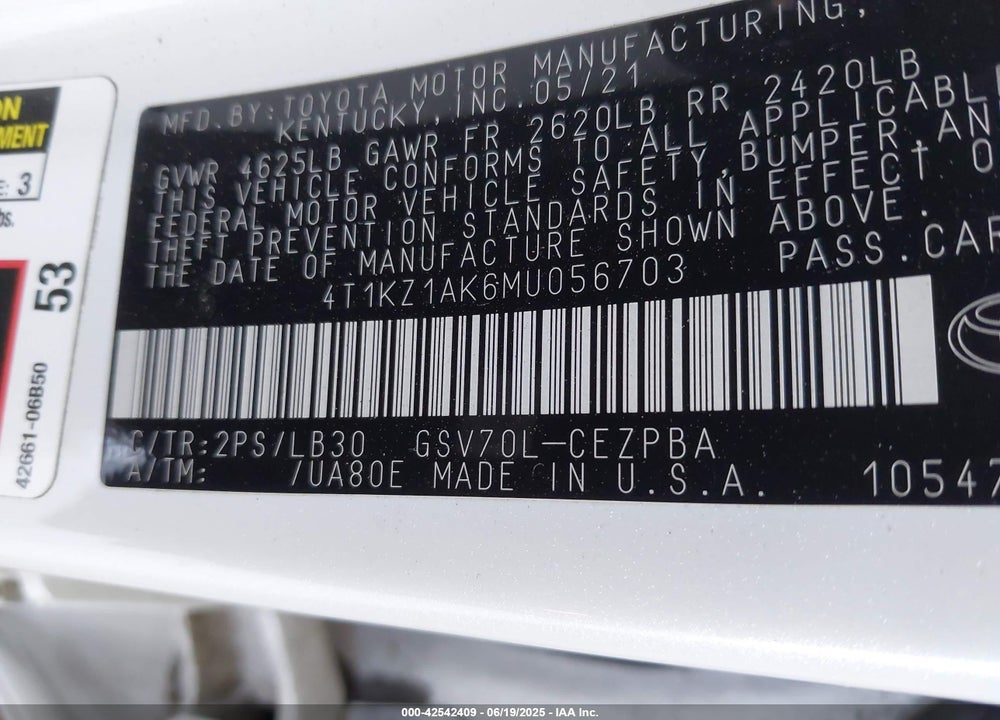 2021 TOYOTA CAMRY XSE V6 VIN: 4T1KZ1AK6MU056703