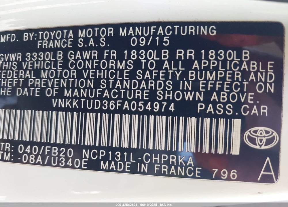2015 TOYOTA YARIS LE VIN: VNKKTUD36FA054974