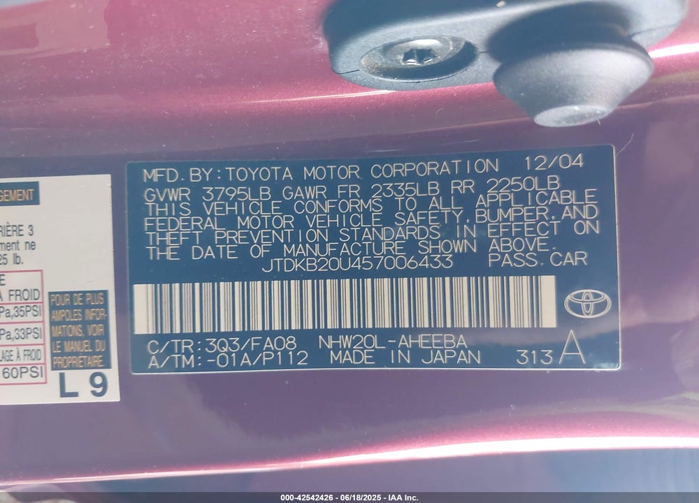 2005 TOYOTA PRIUS VIN: JTDKB20U457006433