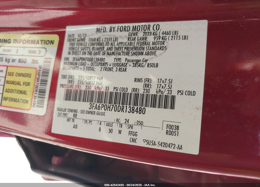 2013 FORD FUSION VIN: 3FA6P0H70DR138480
