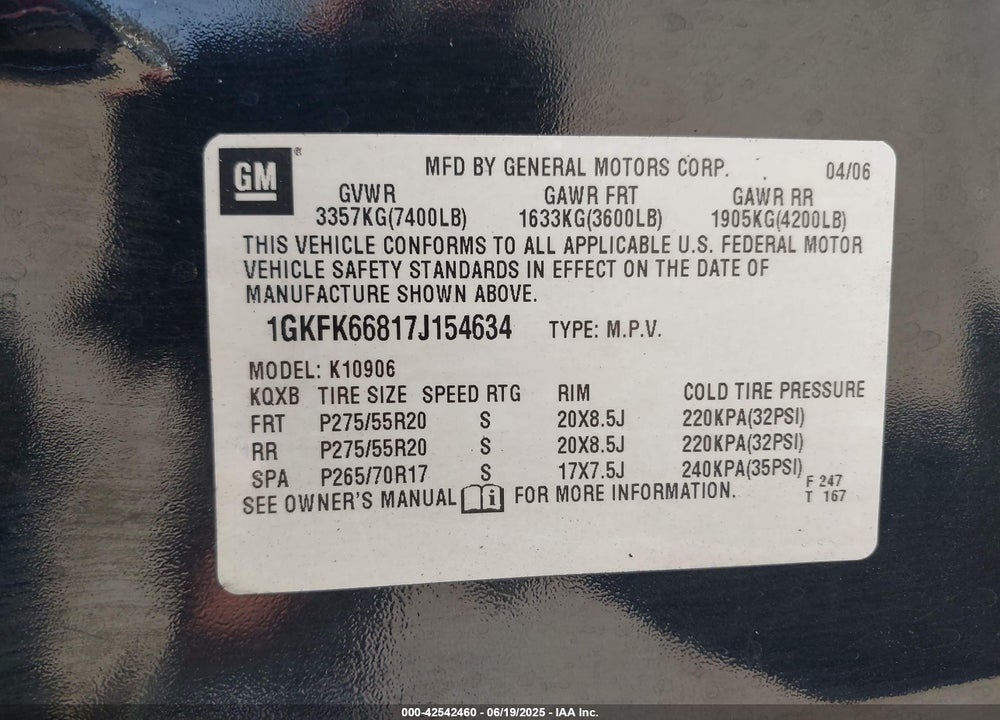 2007 GMC YUKON XL VIN: 1GKFK66817J154634