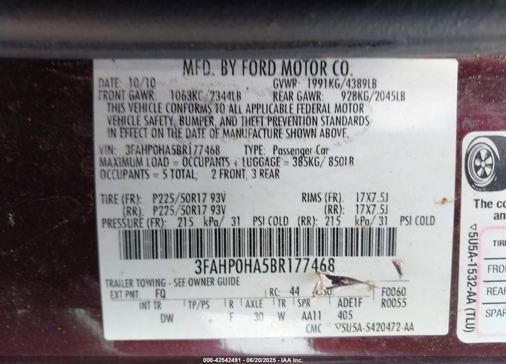 2011 FORD FUSION VIN: 3FAHP0HA5BR177468