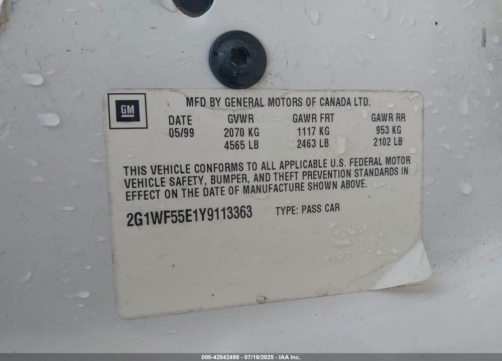2000 CHEVROLET IMPALA VIN: 2G1WF55E1Y9113363