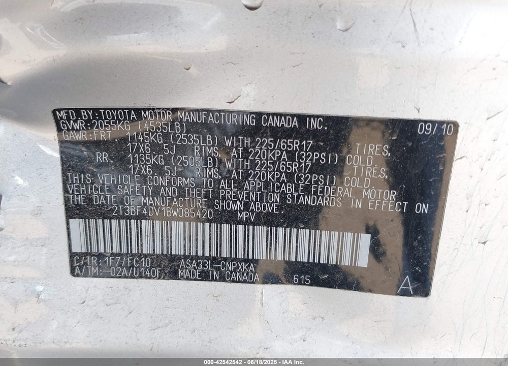 2011 TOYOTA RAV4 VIN: 2T3BF4DV1BW085420
