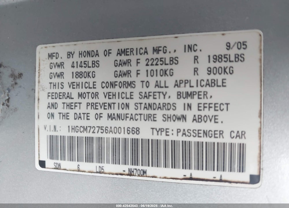 2006 HONDA ACCORD VIN: 1HGCM72756A001668