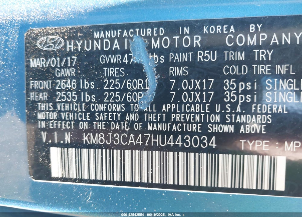 2017 HYUNDAI TUCSON SE VIN: KM8J3CA47HU443034