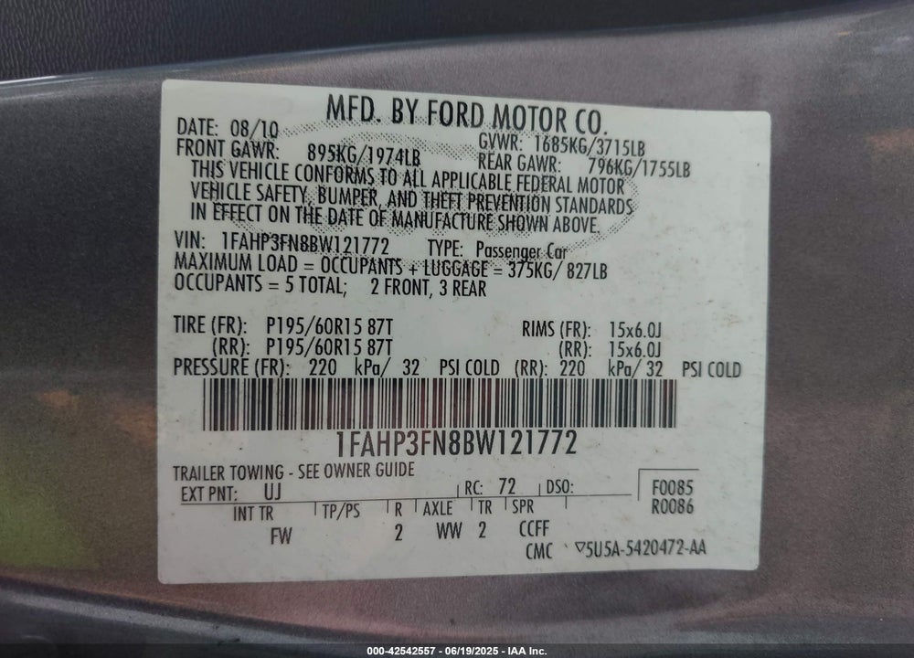 2011 FORD FOCUS VIN: 1FAHP3FN8BW121772