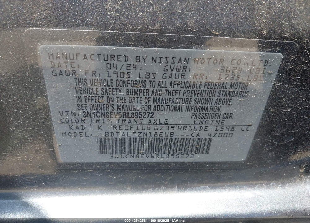 2024 NISSAN VERSA VIN: 3N1CN8EV6RL895272