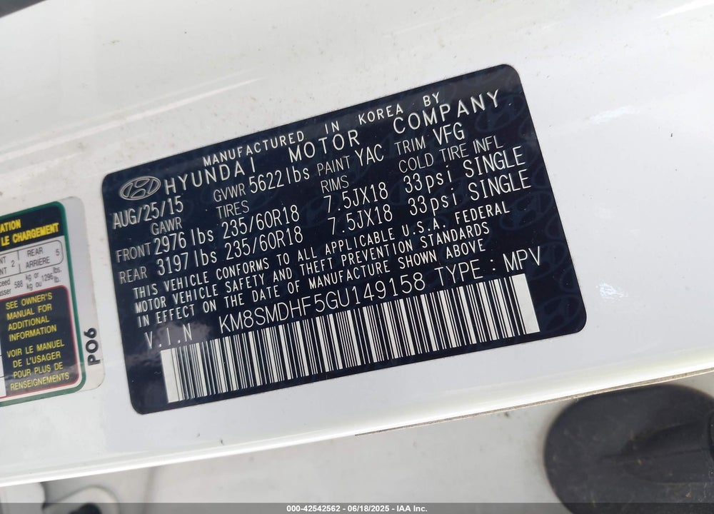 2016 HYUNDAI SANTA FE VIN: KM8SMDHF5GU149158
