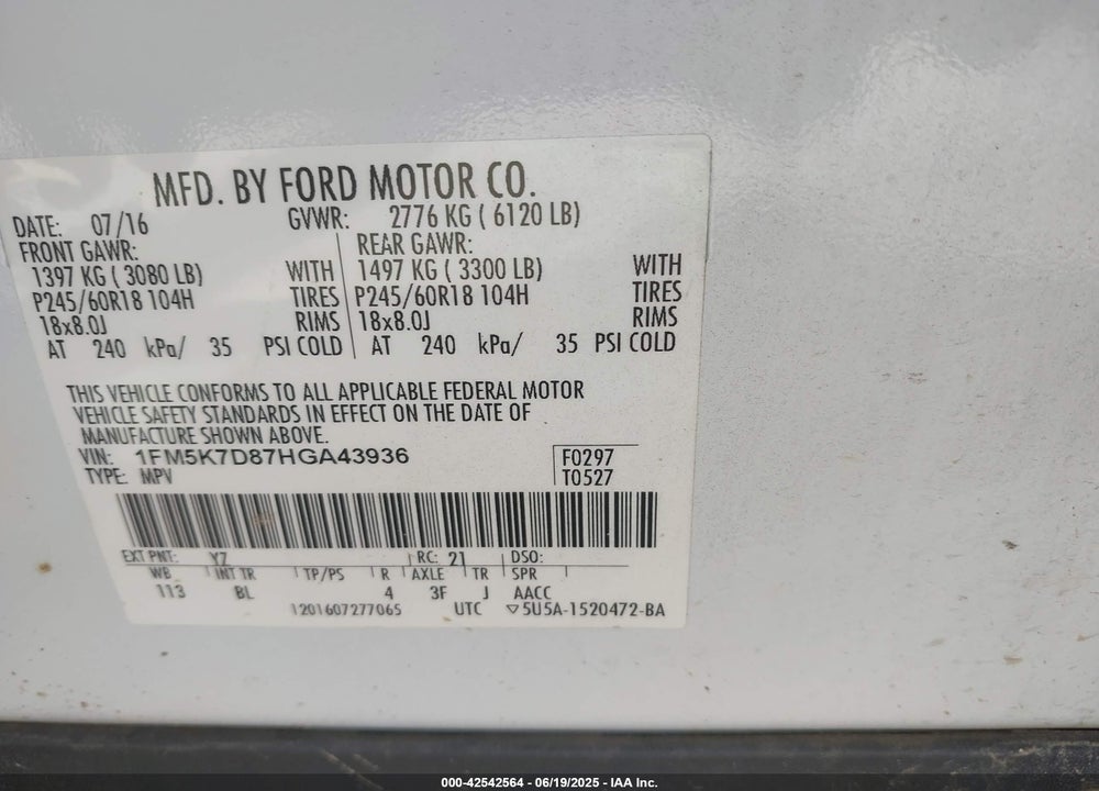 2017 FORD EXPLORER VIN: 1FM5K7D87HGA43936