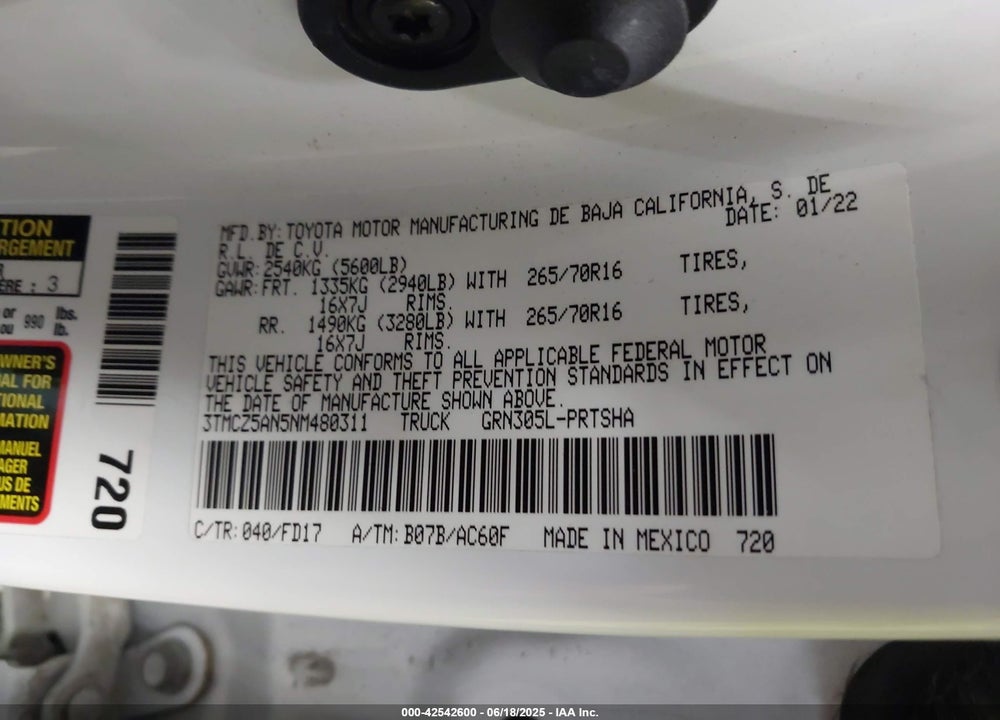 2022 TOYOTA TACOMA VIN: 3TMCZ5AN5NM480311