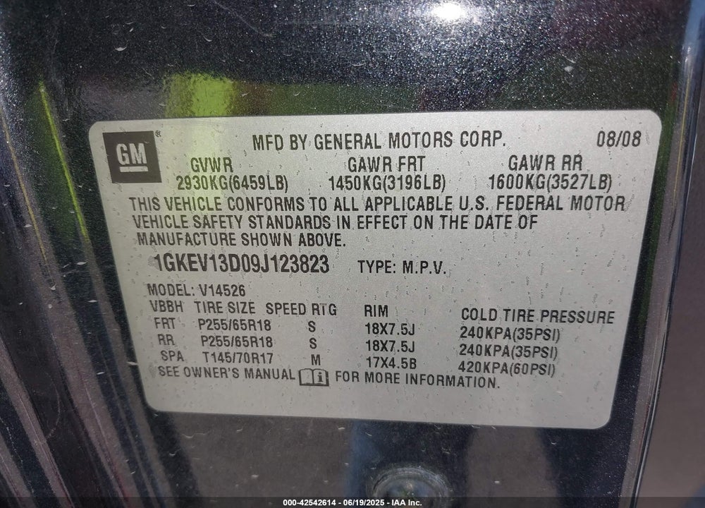 2009 GMC ACADIA VIN: 1GKEV13D09J123823