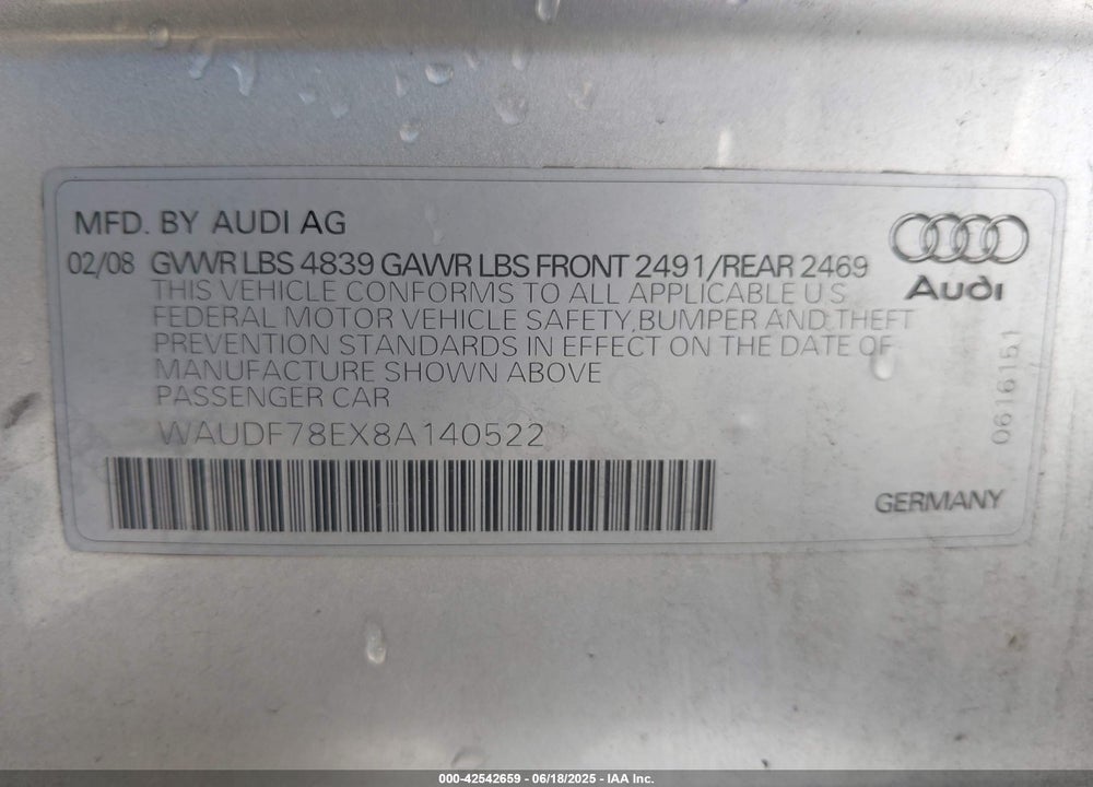 2008 AUDI A4 VIN: WAUDF78EX8A140522