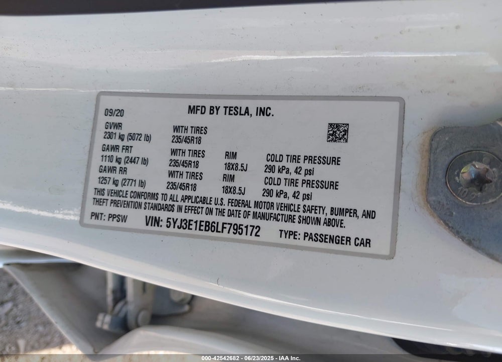 2020 TESLA MODEL 3 LONG RANGE DUAL MOTOR ALL-WHEEL DRIVE VIN: 5YJ3E1EB6LF795172